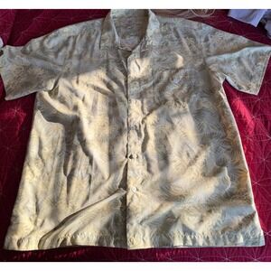 Tranquility Mens XL Tropical Palm Leaf Button Up Shirt Olive Tan Short Sleeve